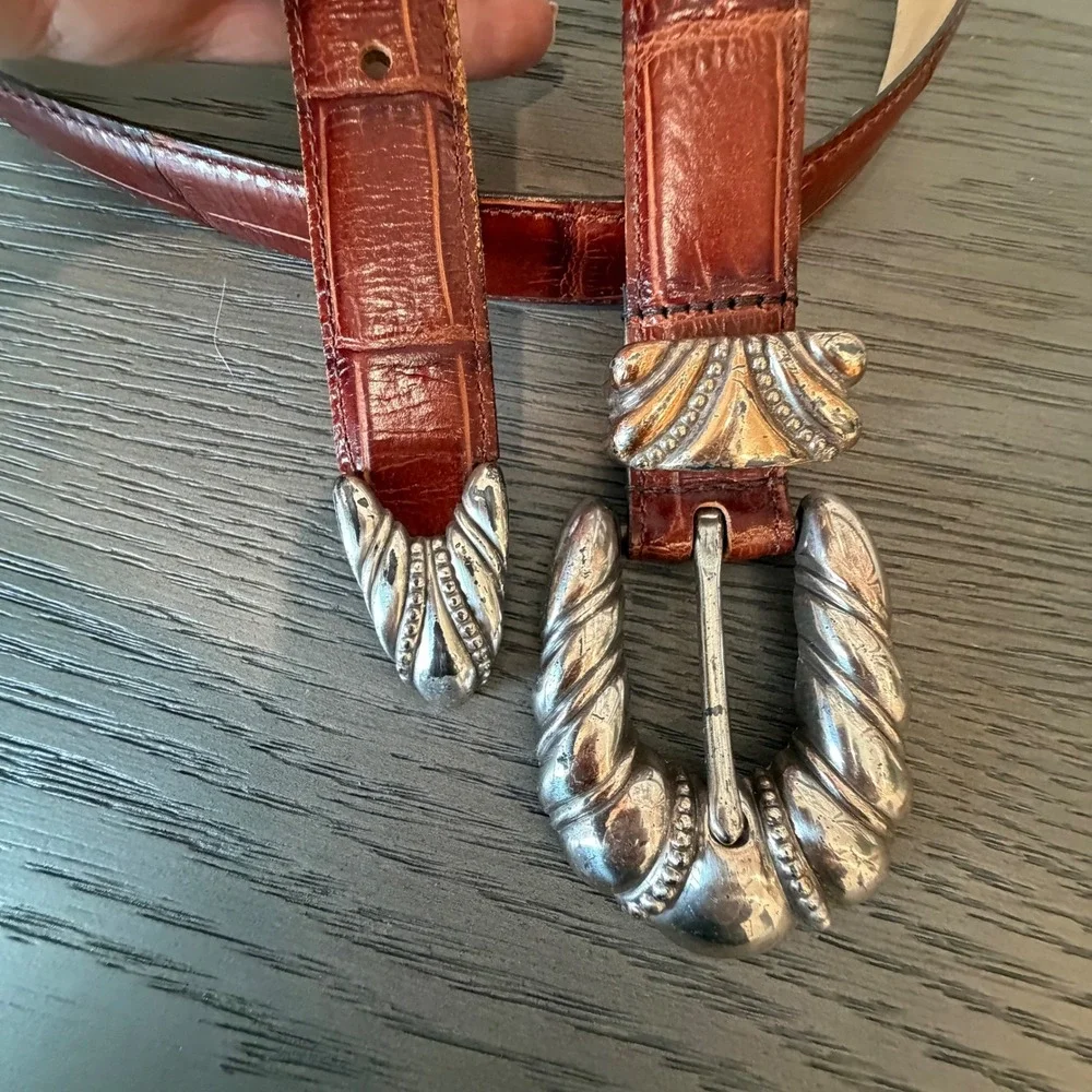 Emmon Belts Brown Italian Calfskin Croc‎ Embossed Western Belt Silver Buckle M
